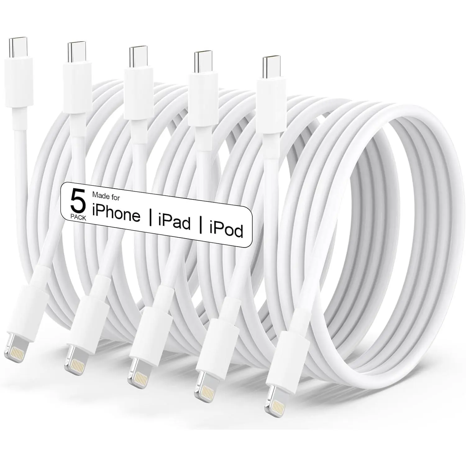 USB C to Lightning Cable Apple MFi Certified 5 Pack/6 FT iPhone Charger Fast Charging White Flow Silicone Cord for iPhone 14 13 12 11 Pro Max Xr Xs 8