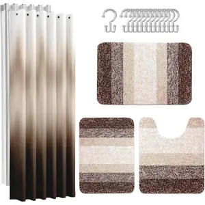 Brown Striped Bathroom Set with Shower Curtain and Rug Gradient Modern Abstract Retro Waterproof Shower Curtain Liner and Soft Non-Slip Bath Mat Suitable for Bathroom Decoration and Accessories Hooks