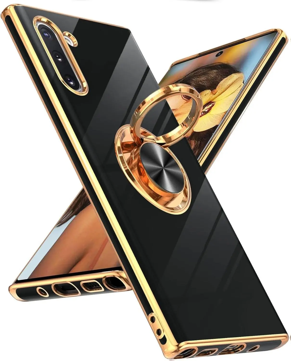 Galaxy Note 10 case: 360° Rotatable Ring Holder Magnetic Kickstand, Plating Rose Gold Edge Protective Case [ Not Applicable Note 10 Plus], Black