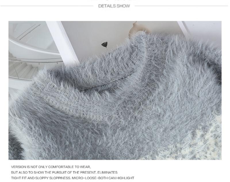 Women's Faux Mink Fur Sweater Round Neck Soft Cable Knit Thick Warm Long Sleeve Pullover Base Shirt, Stylish Two-Tone High-End Feel, Perfect for Fall/Winter Wear