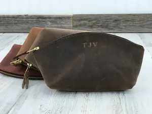 <Custom in Description> Leather Makeup Bag, Personalized Bridesmaid gift, Gift for Her, Leather Cosmetic Pouch, Cosmetics Bag, Monogram Toiletry Bag,  Wedding Gift