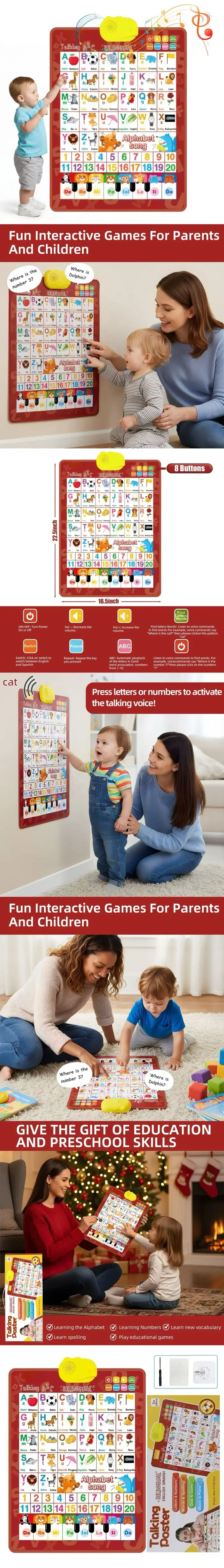 Product Introduction of Kids' English-Spanish Alphabet Poster with Interactive Talking Alphabet & Number Chart for Early Education Fun Bilingual Learning ABC & Basic Vocabulary Toy 7