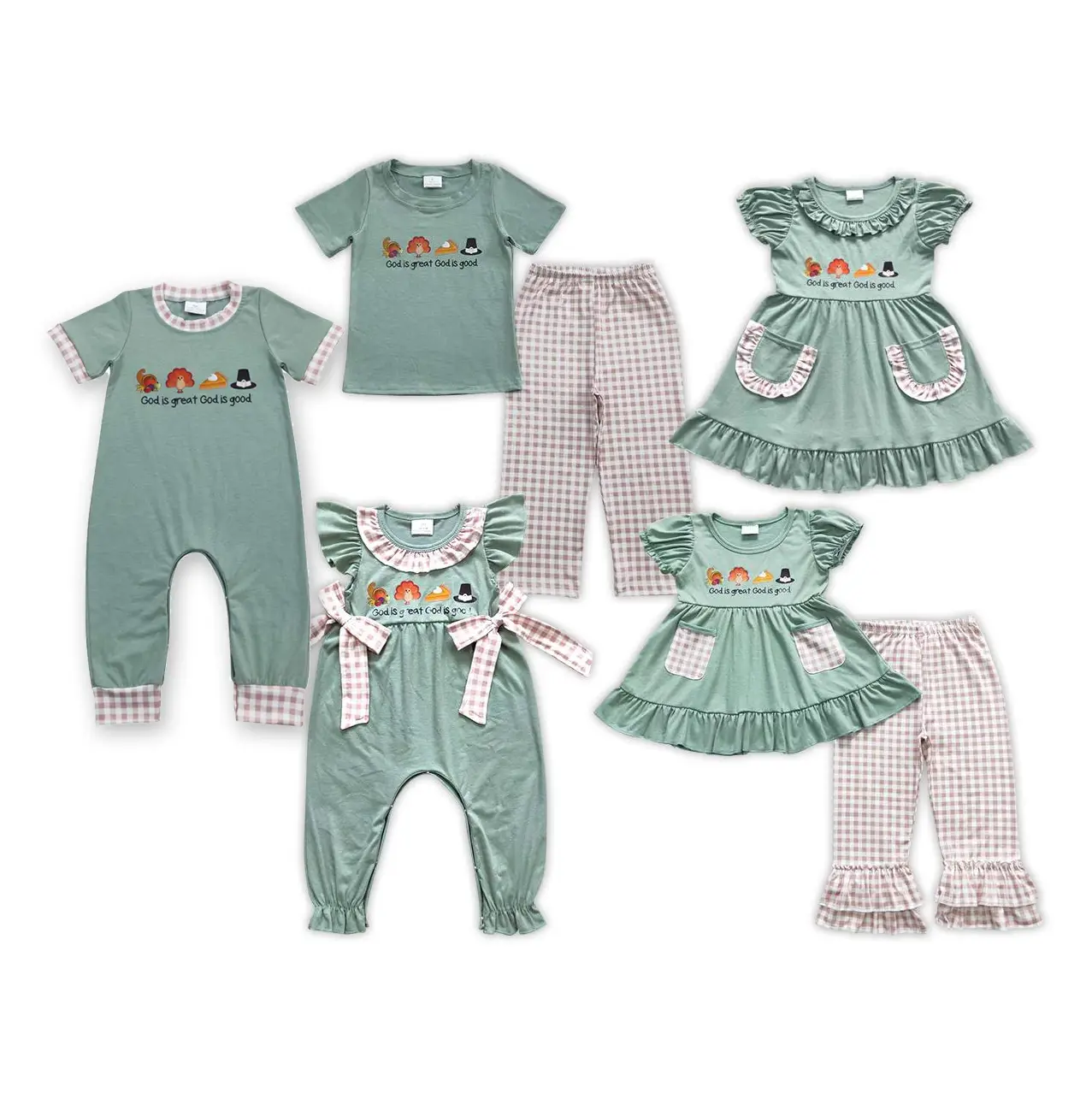 Adorable Green Thanksgiving Kids Outfit – God Is Great Vinyl Print! Cute & Stylish Sibling Matching Kids Clothes