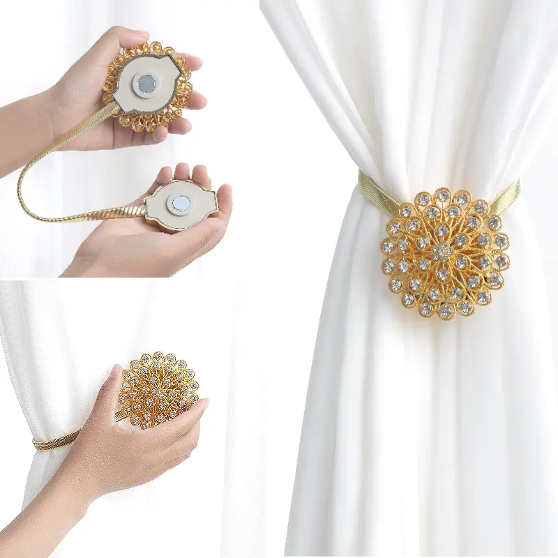 Crystal Flower Curtain Tieback, No Drilling Required, High Elasticity Spring Wire Fixing Clip, Home Office Decor, 1 /2 Piece Decoration Buckle