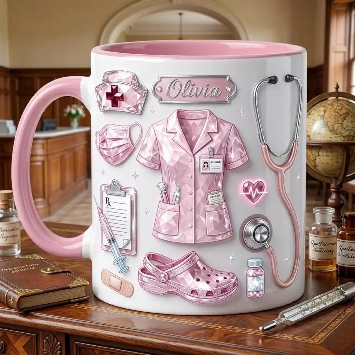 Personalized Nurse Coffee Mug Pink Scrub Design, Custom Name Print Accent Mug for Nursing Student, Graduation Gift for Registered Nurse RN LPN, Durable Ceramic Tea Cup for Medical Professionals Office Decor 11oz 15oz