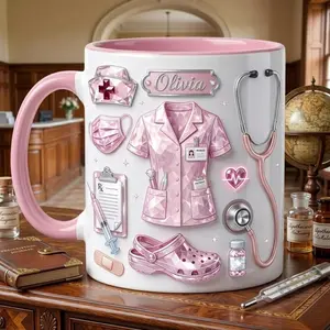 Personalized Nurse Coffee Mug Pink Scrub Design, Custom Name Print Accent Mug for Nursing Student, Graduation Gift for Registered Nurse RN LPN, Durable Ceramic Tea Cup for Medical Professionals Office Decor 11oz 15oz