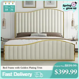 AMERLIFE Bed Frame with Golden Plating Trim, Velvet Upholstered Bed with Vertical Channel Headboard Footboard, No Box Spring Needed/Christmas Gift
