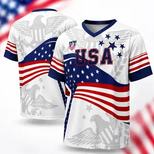 Men's Women's USA Patriotic Football Jersey - American Flag Eagle Graphic, Red White Blue Stars Stripes, V-Neck Short-Sleeve, Breathable Athletic Sports Tee, 4th of July Independence Day Fan Apparel