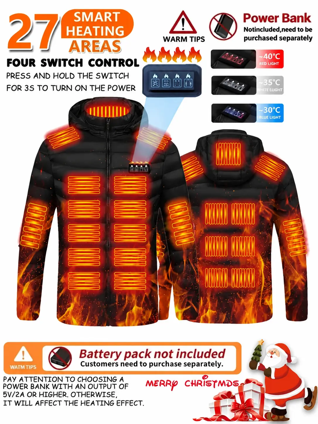 Men's heated jacket, couple style, 27-zone heating, 4-level adjustment, perfect for outdoor camping, snow hiking, everyday casual outings, windproof jacket, popular in cold regions