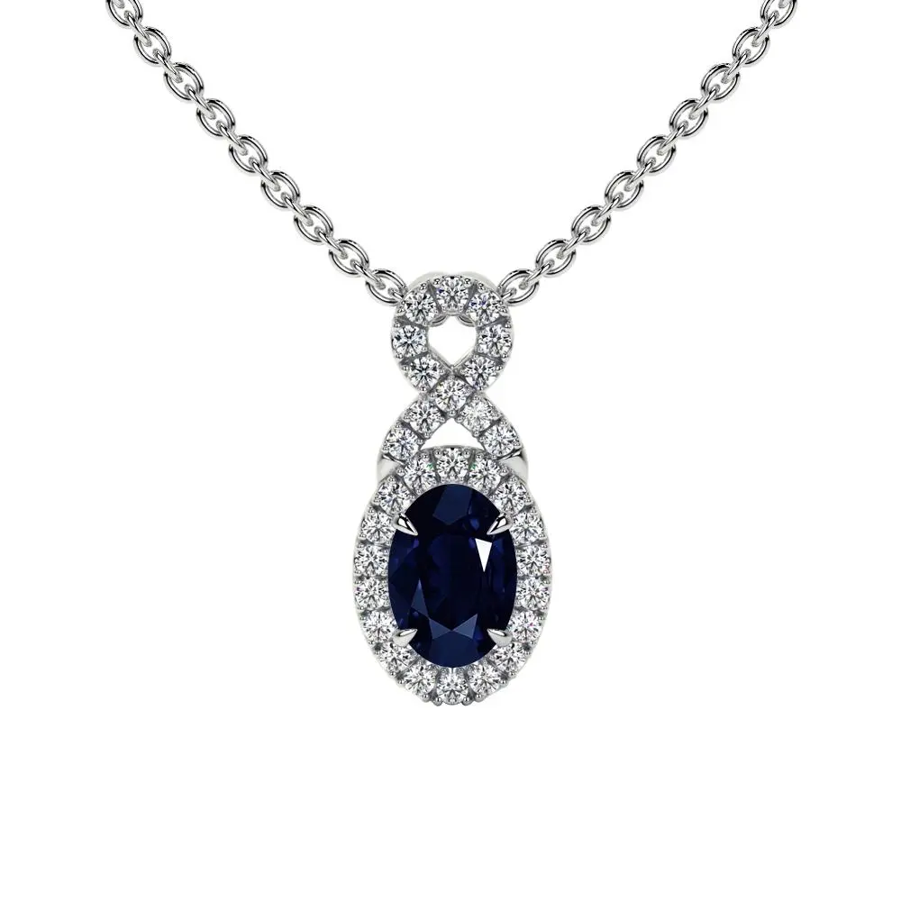 Oval Cut Blue Sapphire Twist Halo Pendant (0.80cttw)- PBS002-6X4-AA