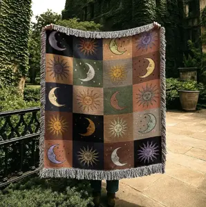[Ship From US] Celestial Astrology Woven Blanket – Moon & Sun Tapestry Throw, Dark Academia Patchwork Blanket, Mystic Cottagecore Decor