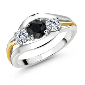 Gem Stone King 925 Silver and 10K Yellow Gold Black Sapphire and Moissanite 3-Stone Ring for Women | 1.15 Cttw | Round 5MM and 4MM | Two-Tone Split-Shank Wedding Anniversary Promise Ring