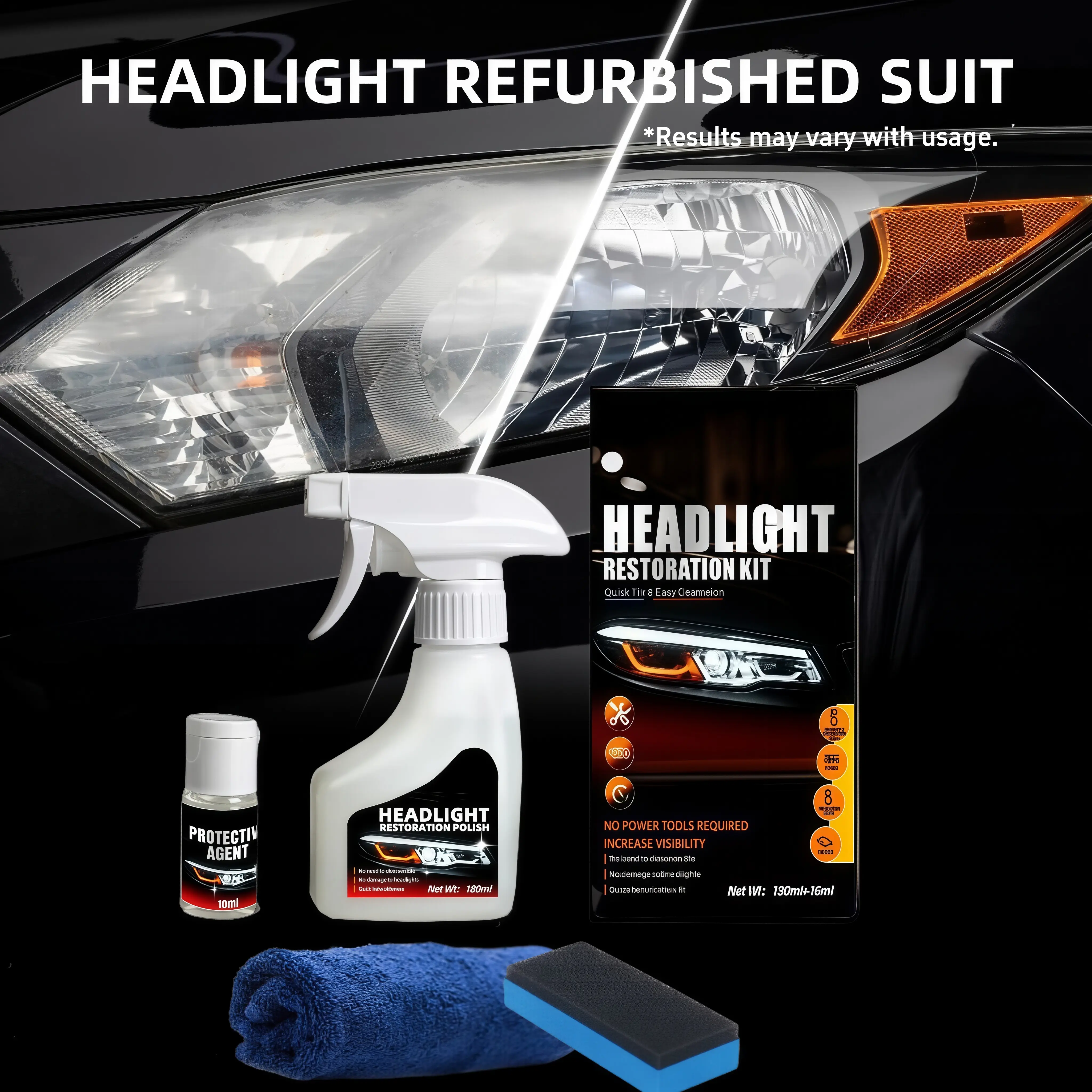 Headlight Cleaner Spray & Restoration Kit – Instantly Restores Cloudy & Yellowed Headlights – Fast Oxidation Removal with UV Protection – No Rubbing Needed – Fits All Cars