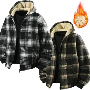 Men’s thick flannel plaid jacket with wool lining, hooded zip-up winter warm jacket, full-zip plaid sports jacket with hood, suitable for outdoor casual wear