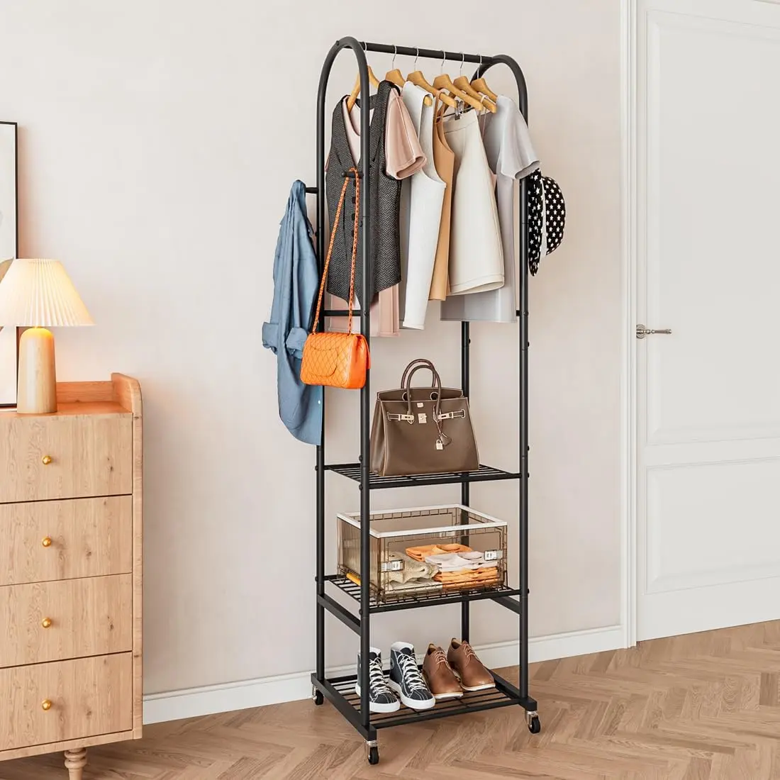 SUOERNUO Clothes Rack With Wheels and 3-Tier Metal Shelves,Clothing Rack For Hanging Clothes With 4 Hooks,Garment Rack Wardrobe Organizer for Small Space