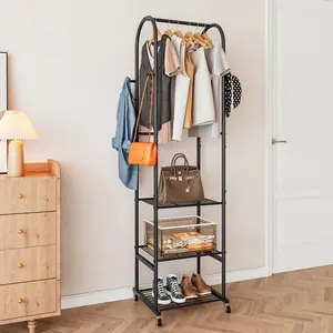 Clothes Rack With Wheels and 3-Tier Metal Shelves,Clothing Rack For Hanging Clothes With 4 Hooks,Garment Rack Wardrobe Organizer for Small Space