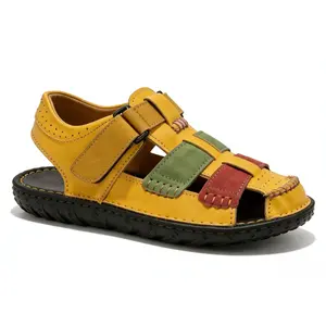 ///Colorful woven closed-toe leather sandals for women，patchwork woven leather sandals, colorful closed-toe sandals, retro summer shoes, adjustable strap sandals, women's casual leather sandals, rainbow patchwork footwear, handcrafted breathable sandals,s