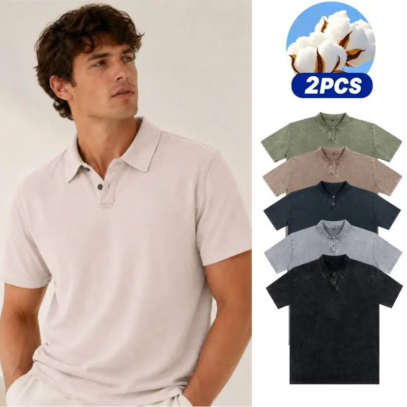 Men’s 2 Pack 100% Cotton Washed Polo Shirts, Short Sleeve Textured Collared Tops,Suitable for office and casual wear.