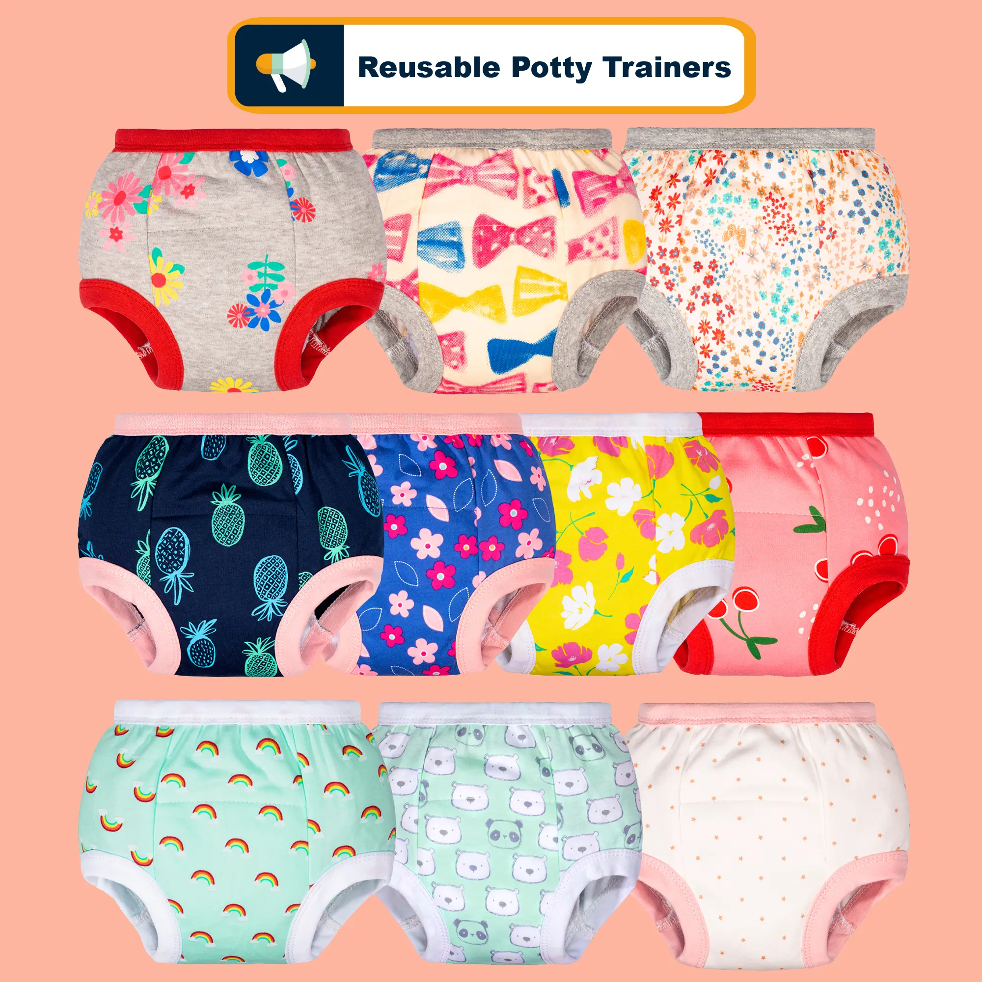 Big Elephant Kids' 10‑Pack Cotton Underwear, Reusable Daytime Potty Training Pants for Toddler Boys & Girls 1T‑5T, Soft Slight‑Stretch Training Underwear, All‑Over Print, Machine Washable for Daytime Use Only, Breathable