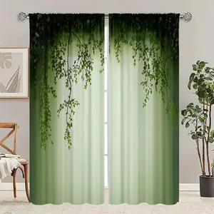 2 pieces of high-definition digital green leaves hanging down floral-patterned decorative curtains. They offer semi-transparent protection for privacy and can be washed by hand or machine. Suitable for bedroom and living room decoration.