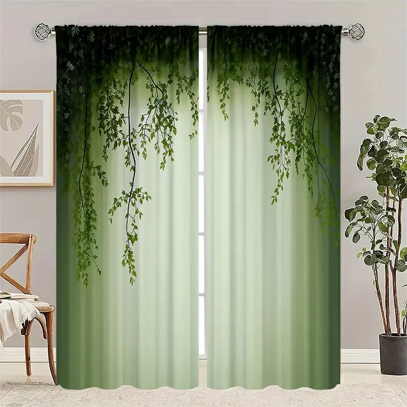 2 pieces of high-definition digital green leaves hanging down floral-patterned decorative curtains. They offer semi-transparent protection for privacy and can be washed by hand or machine. Suitable for bedroom and living room decoration.