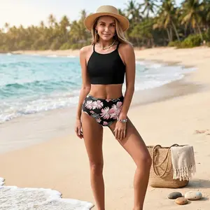 Women's High Neck Tropical Leaf Print High Waisted Two-Piece Bikini Set - Sexy Bathing Suits Swimwear for Beach Pool Vacation Summer Holiday Flattering Swimsuits with Adjustable Straps Comfortable Swimwear