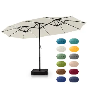 [Base & Lights] PHI VILLA 15 ft Extra Large Patio Umbrella with 36 LED Lights, Metal Construction, Includes Base, Heavy Duty for Pool Garden Backyard Outdoor Modern Design