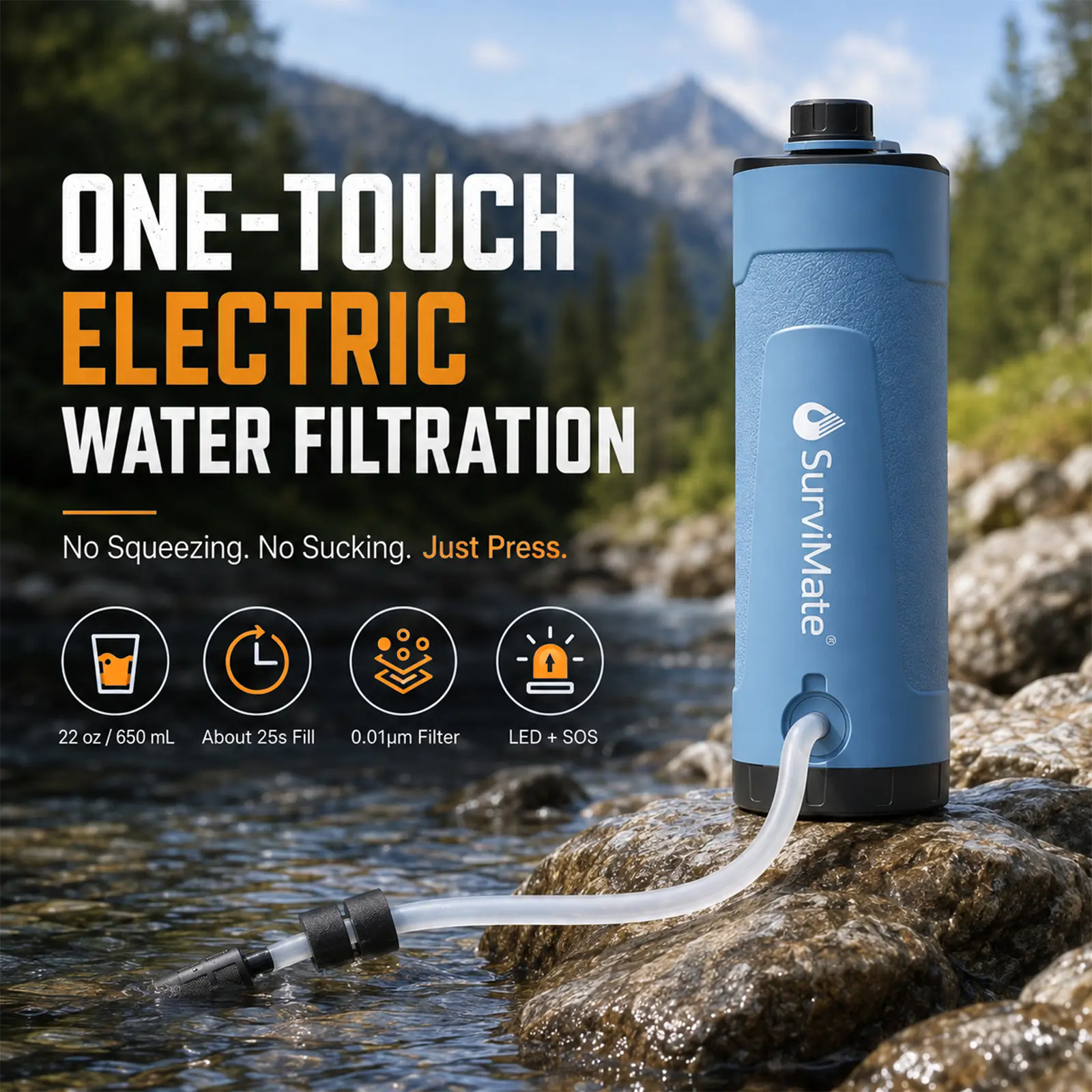 Portable Electric Survival Water Purifier Bottle - 650ml Integrated Design with 0.01 Micron Hollow Fiber Built-in Fully Automatic Filter, 1-Touch Pump, Rechargeable LED SOS for Outdoor Camping Hiking, Emergency Water Filters