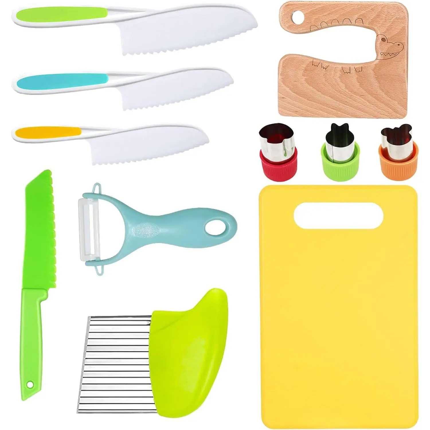 11 Pcs Kids Kitchen Set - Montessori Safe Toddler Pretend Play Tools, 3 Serrated-Edge Toddler Knives, 1 Piece Cutting Board, Fruit and Vegetable Cutting Toy for Culinary Skills Development, Considerate Gifts for Kids, 3 Pieces Serrated Edges Toddler Knive