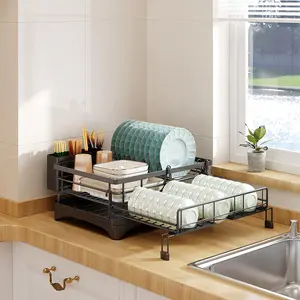 Multifunctional Kitchen Dish Rack with Drainage, Dish Drying Organiser, Expandable Storage for Fruits and Vegetables, Cutlery Holder for Easy Organization