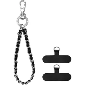 Phone Wrist Strap with Metal Chain Phone Lanyard Wrist with 2 Tether Tabs Metal Leather Cellphone Charm Phone Chain