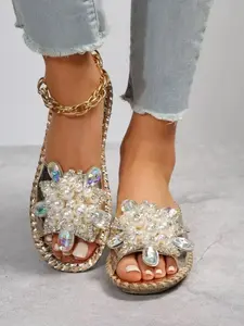 Women's Faux Pearl & Rhinestone Decorated Slide Sandals, Stylish Elegant Sandals, Casual Open Toe Summer Shoes, Walking Shoes Slide Cute 2026 Slippers Back To School Footwear, Slippers for Women