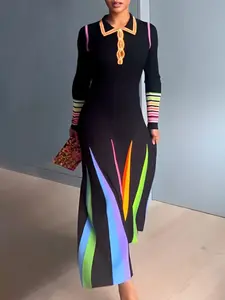 Women's Long Sleeve Slim Fit Button Front Printed Collar Dress, Fall Winter Fashion, Casual Elegant Ladies Clothing