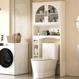 Spurgehom Over Toilet Storage Cabinet - Adjustable Shelf, Glass Doors, Anti-Tip Device | White Bathroom Organizer & Space Saver for Above Washer | Maximize Small Bathrooms