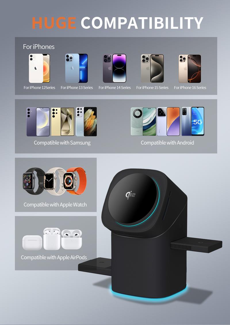 YWZ 3 in 1 Wireless Charger Fast Charging Qi2 Certified for iPhone iWatch AirPods Magnetic Automatic Rotation Touch Pop-Up Charging Station Easy Carry YWZ 3 in 1 Wireless Charger Fast Charging Qi2 Certified for iPhone iWatch AirPods Magnetic Automatic Rotation Touch Pop-Up Charging Station Easy Carry