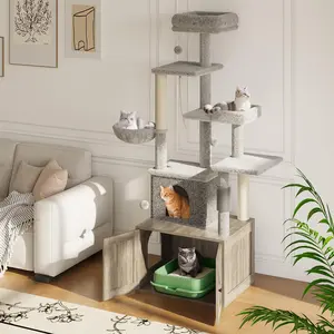 Cat Litter Box Enclosure with Cat Tree – Large Multi-Level Cat Condo with Hammock & Scratching Posts for Indoor Cats