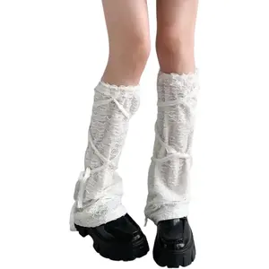 Lolita Lace Leg Warmers for Women Y2K Knee High Pleated Lace-up Leg Sleeve Socks Thin Ruffled Mesh Leg Covers