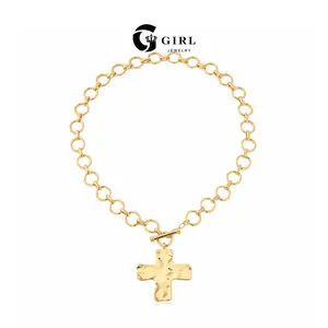 GGIRL Hammered Texture Cross Set, Punk Gothic Style Buckle Chain, Personalized Cross Pendant Jewelry, Matching Earrings and Bracelet Set from the Same Series, Eye-catching Party Accessories