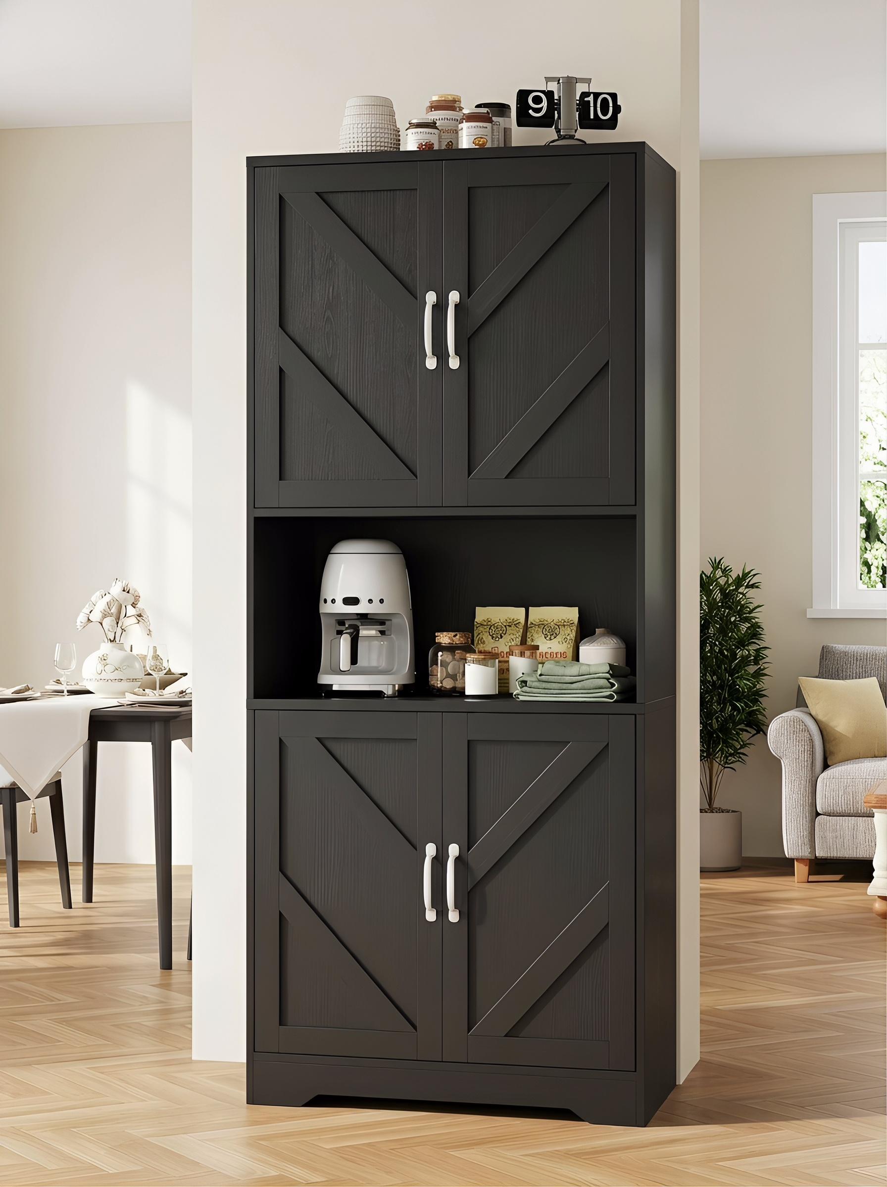 ZR-Garvee 70 Inch Tall Kitchen Pantry Cabinet with Microwave Stand and 4 Doors Large Storage Hutch with Adjustable Shelves Freestanding Cupboard for Pantry and Kitchen