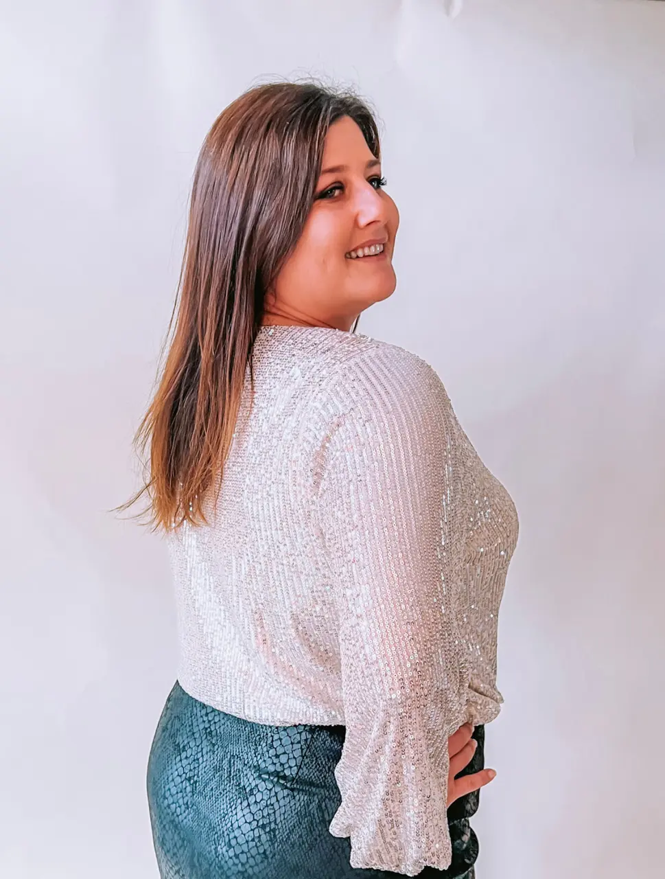 Plus Size Champagne Sequin Long-Sleeve Bodysuit