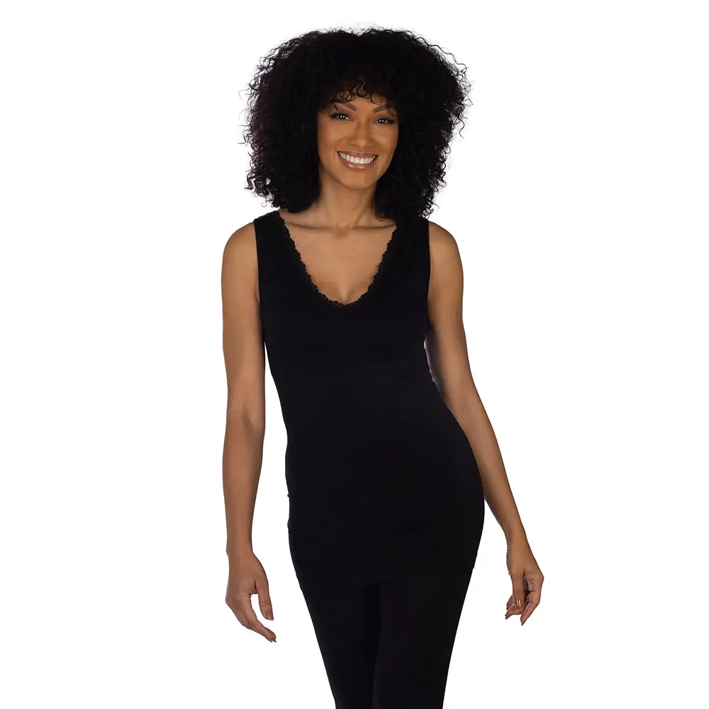 Women's Feminine Lace Trim Tank Top, Reversible V-Neck to Scoop Neck, Solid Nylon Spandex for Casual Wear, Sleeveless