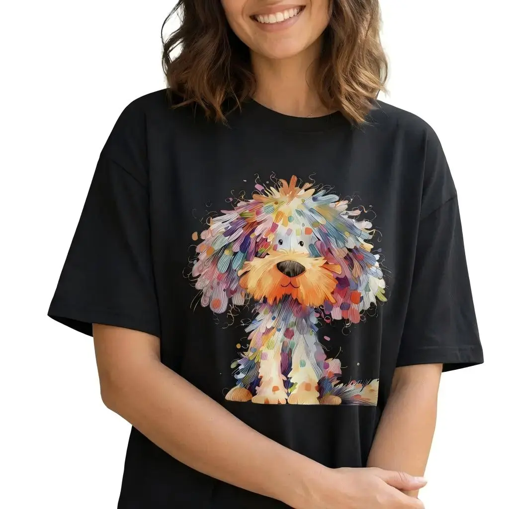 Colorful Doodle Dog Graphic T-Shirt, Cute Watercolor Puppy Art Tee, Women’s Pet Lover Casual Top