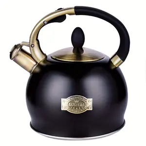 [Stainless Steel Whistling Kettle] 2.64 Quart Black Stainless Steel Whistling Tea Kettle - Ergonomic Cool Touch Handle & Silicone Pinch Mitt - Ideal for Stove Top Use