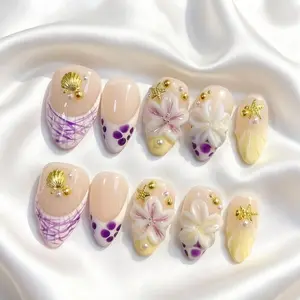 10pcs Handmade Press on Nails Almond Shape 3D Floral Nails Flower Nails | Butter Yellow Lavender Aura French Tip with Seashell | Reusable Handmade Summer Beach Wedding Set Nail Art Design Pressed on Nails