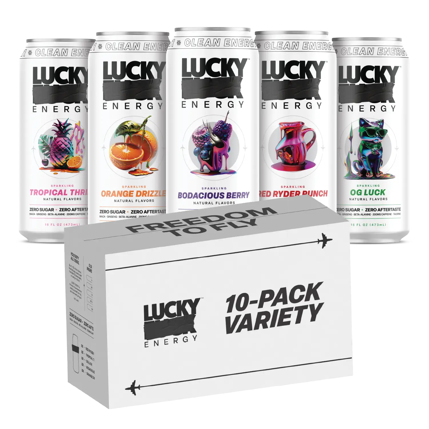 Lucky Energy - Zero Sugar Energy Drink Beverage - 16oz Cans - 200mg Caffeine with Maca, Ginseng, Beta Alanine & Taurine - 10-Pack Variety - Vegan & Gl