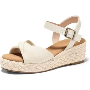 Coutgo Womens Platform Wedge Heels Sandals Espadrilles Open Toe Ankle Strap Twist Canvas Summer Beach Shoes