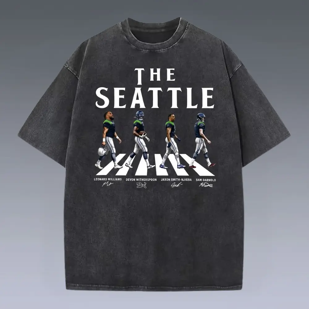 Seattle Walking Road Football Washed & Comfort Color T-Shirtt, Sam Darnold Jaxon Smith Njigba Funny Football Shirt, Seattle Football merch, Game Day Shirt, Football Tee clothes, men's clothing clothes merch, Streetwear, Gift For Him & Her