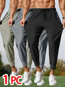 3pcs- Waist Drawstring Zipper Pocket Thin Ice Silk Stretch Fabric Casual Sports Jogger Nine-Point Pants