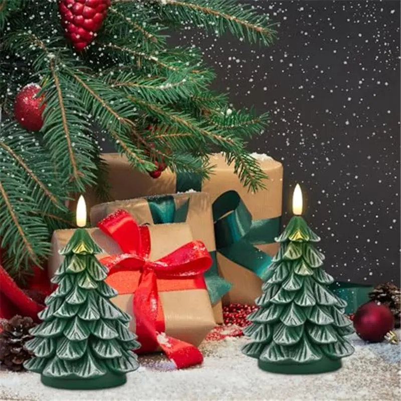 Christmas Tree Candles with 6H Timer Green | Battery Operated for Christmas Winter Decorations, Real Wax LED Flameless Taper Candlesticks, 2 Pack, 3 x 7.1 In