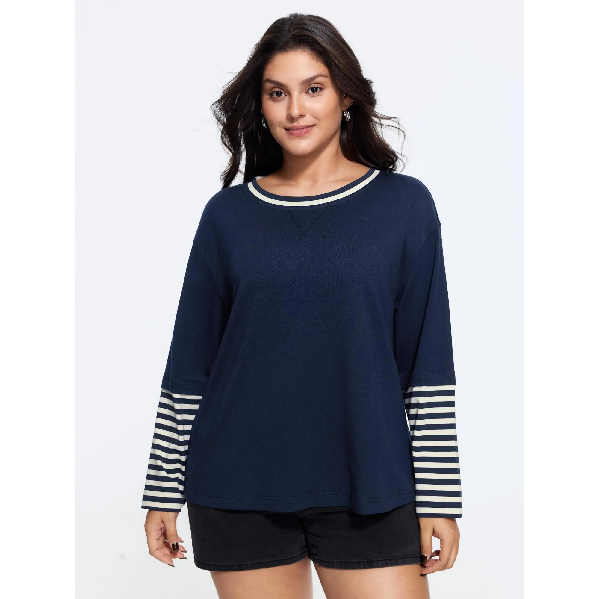BloomChic Plus Size Stripe Print Sweatshirt, Leisure Crew Neck Pullover with Patchwork Sleeves, Long Sleeve Spandex Fabric Garment, Hoodie